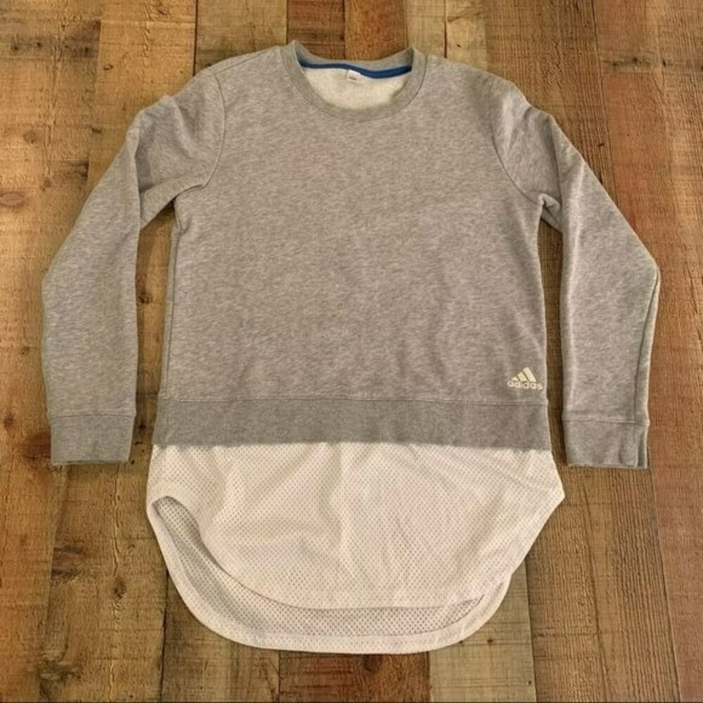 Adidas womens long sleeve crew neck sweatshirt with jersey underlay in gray